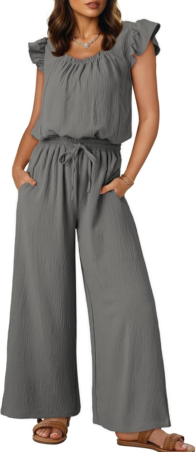 Dokotoo Summer Ruffle Sleeve Jumpsuit for Women with Pockets