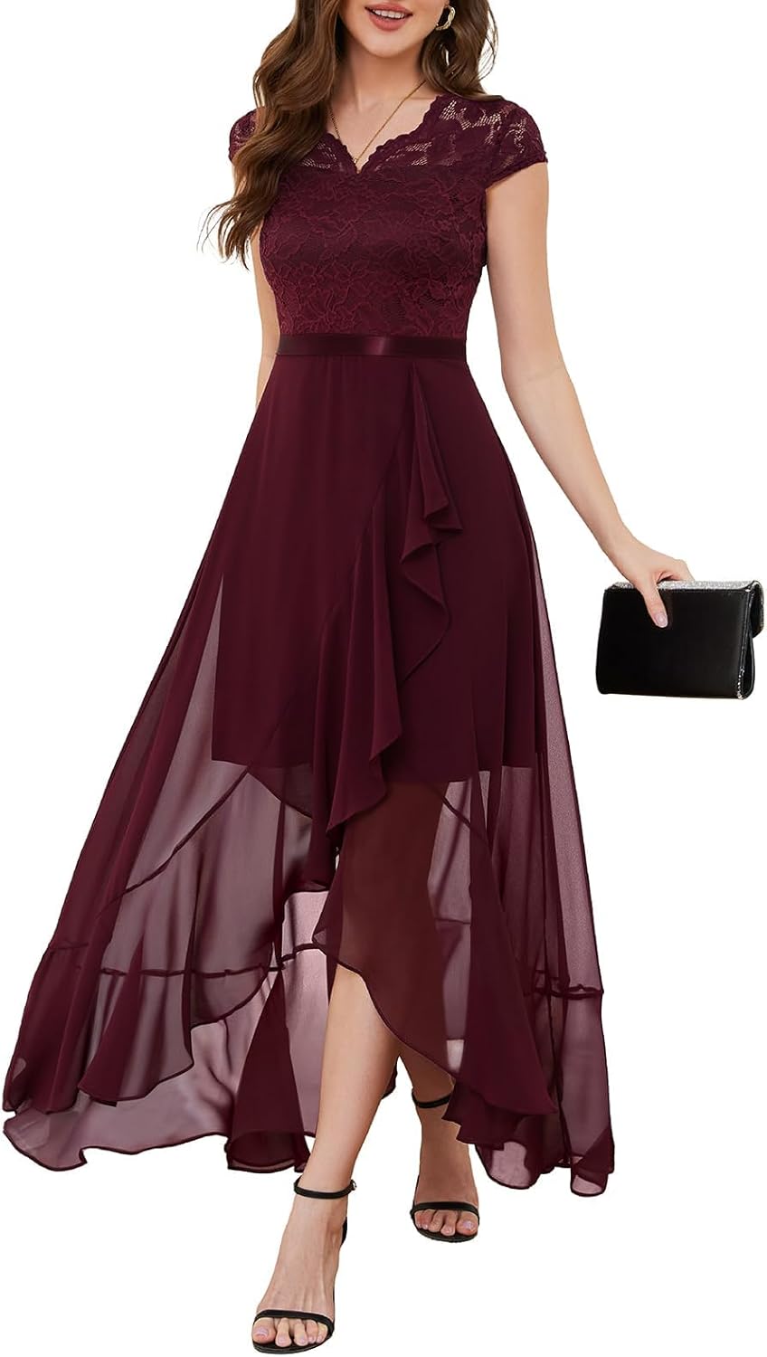 Elegant V-Neck Hi-Lo Floral Lace Dress for Wedding Guests