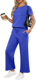 Women 2 Piece Lounge Sets Short Sleeve Wide Leg Tracksuit - Loose Fit