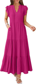 Womens Summer Casual Maxi Dress V Neck Ruffle Sleeve (Style 1PS7)