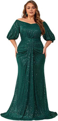 Women's Plus Size Off Shoulder Puff Sleeve Sequin Formal Maxi Dress
