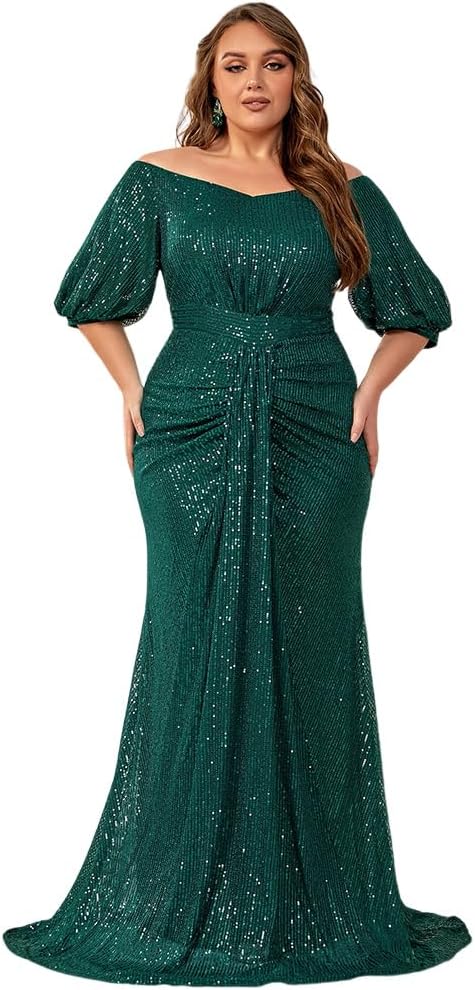 Women's Plus Size Off Shoulder Puff Sleeve Sequin Maxi Dress