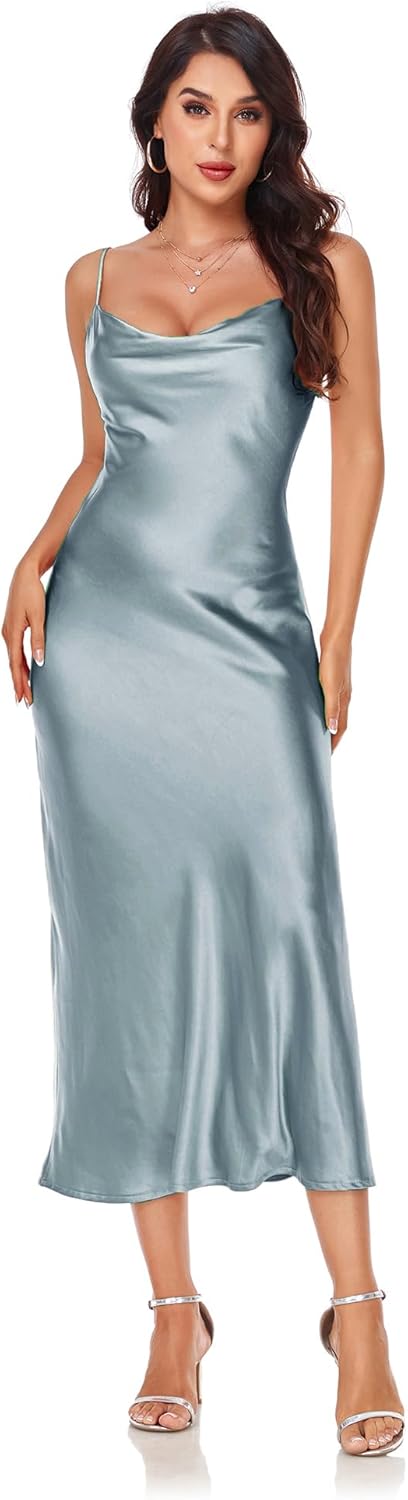 Women's Spaghetti Strap Midi Satin Silk Dress for Parties