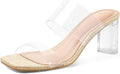 Clear Heels for Women Transparent Two Strap Block Chunky Square Heel