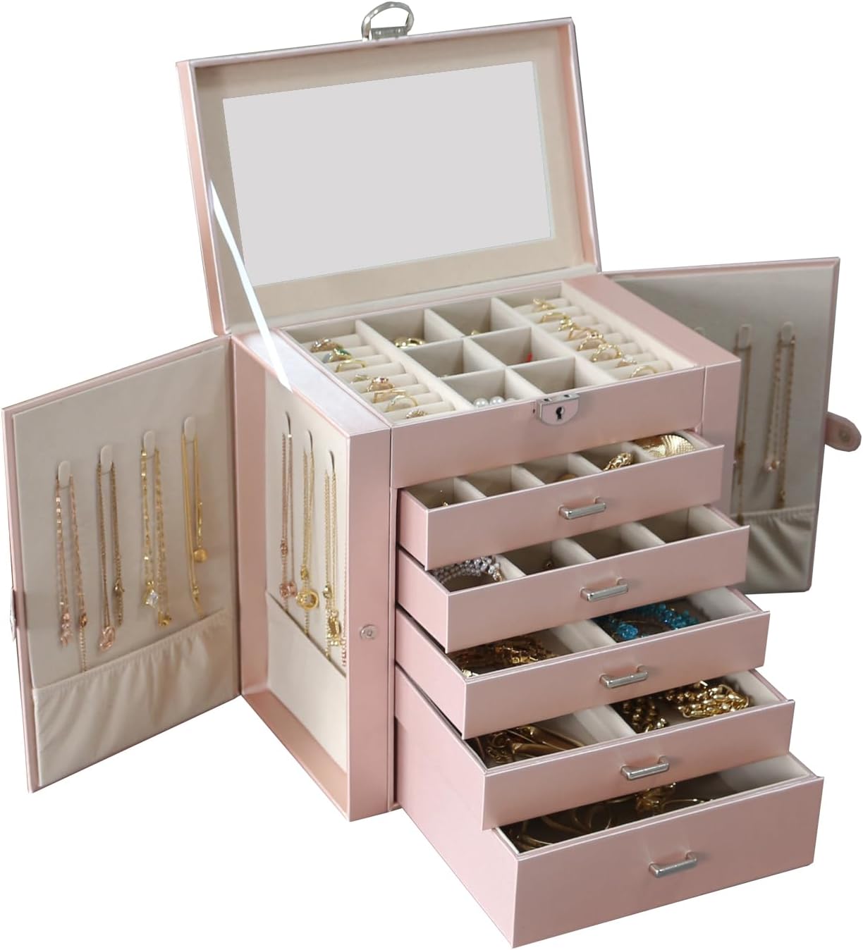 BOOVO Jewelry Box for Women - 6 Layer Large Organizer with Mirror