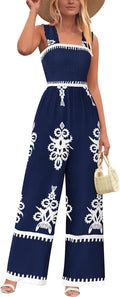 Womens Shirred Strap Wide Leg Jumpsuit - Floral Boho Summer Romper
