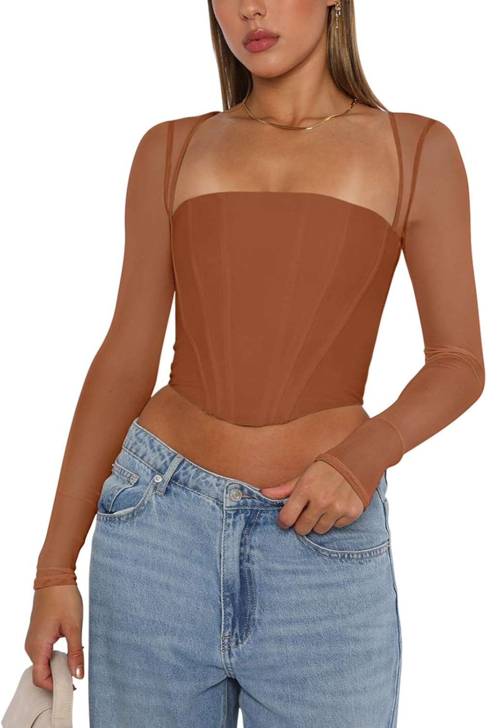 REORIA Women's Sexy Mesh Long Sleeve Corset Top for Fall Style