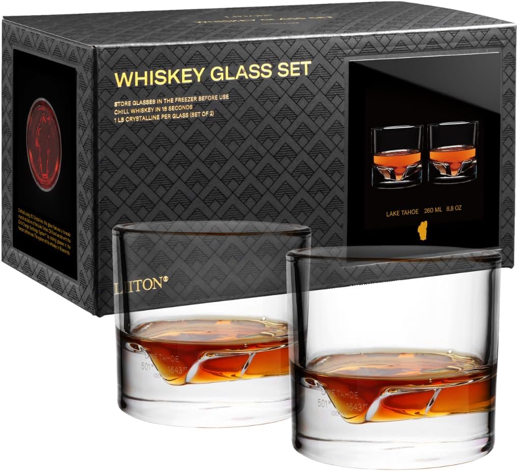 Lake Tahoe Heavy Crystal Whiskey Glasses Gift Set for Men
