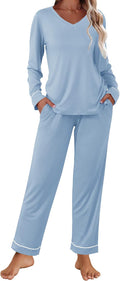 Womens Pajama Sets V-neck Long Sleeve 2-Piece Lounge Set - Soft