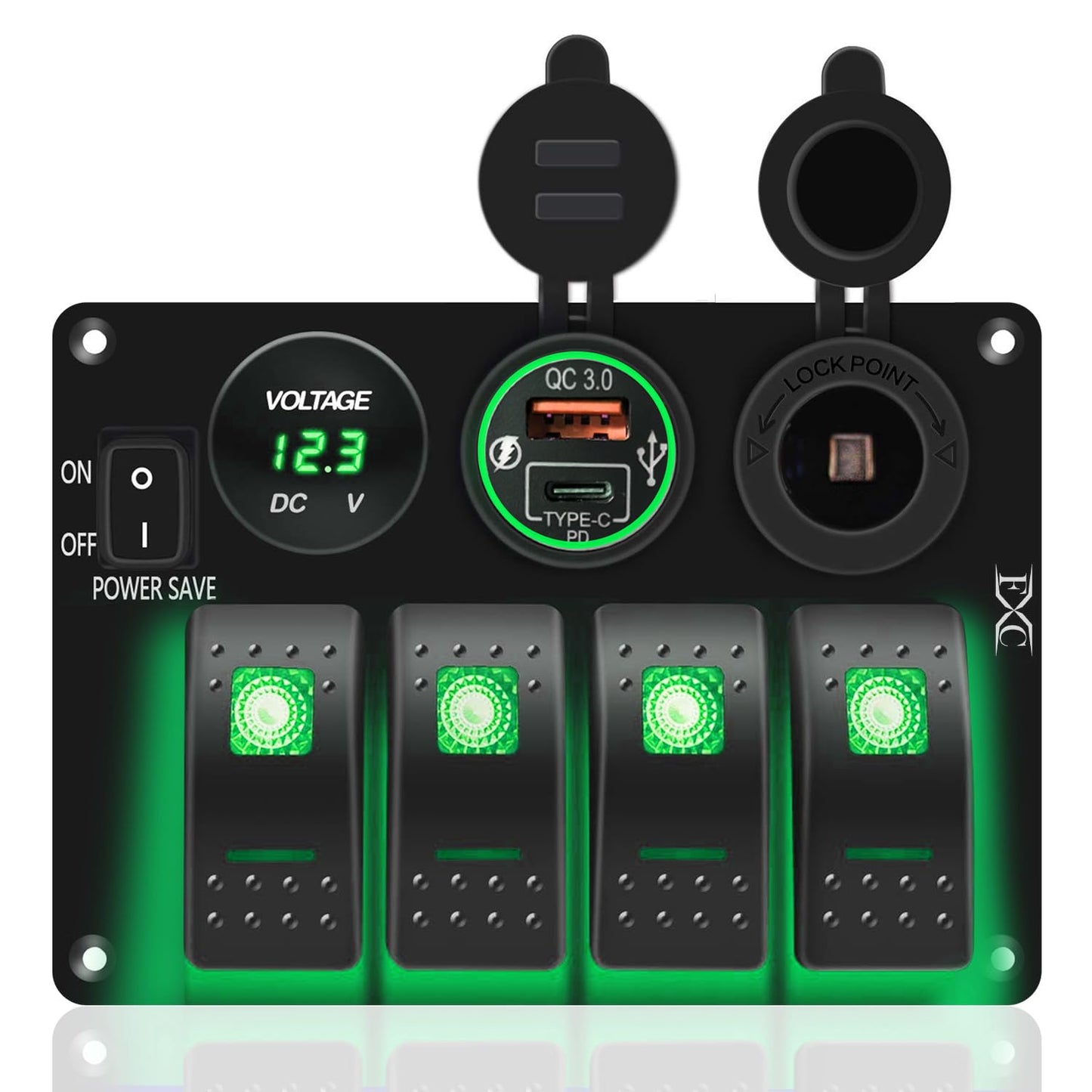 FXC Green 4 Gang Marine Boat Rocker Switch Panel for Vehicles