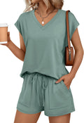 Womens V Neck Cap Sleeve Shirt and Shorts Set - Lightweight Lounge Set