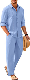 Mens Linen Set for Men - 2 Piece Long Sleeve Cuban Shirt and Pants