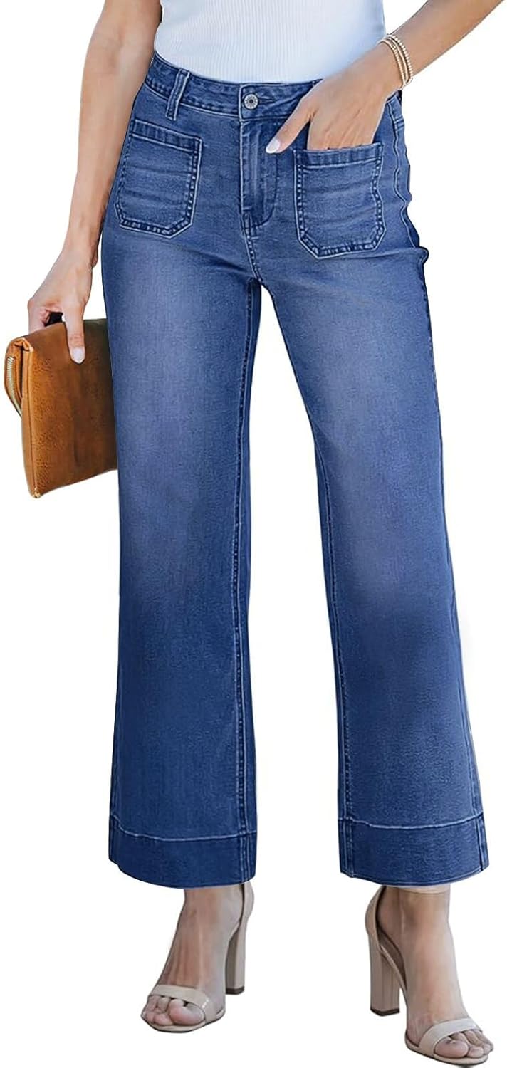 KUNMI Women's High Waisted Wide Leg Stretchy Denim Pants