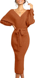 Long Maxi Sweater Dress with Wrap V Neck and Belt - Flattering Fit Yun