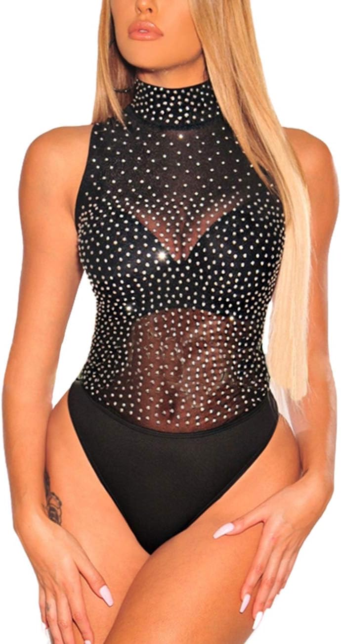 SEBOWEL Women Long Sleeves Mesh See Through Jumpsuit Bodysuit