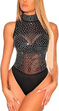 Mesh Rhinestone Sheer Bodysuit for Women - Long Sleeve Jumpsuit