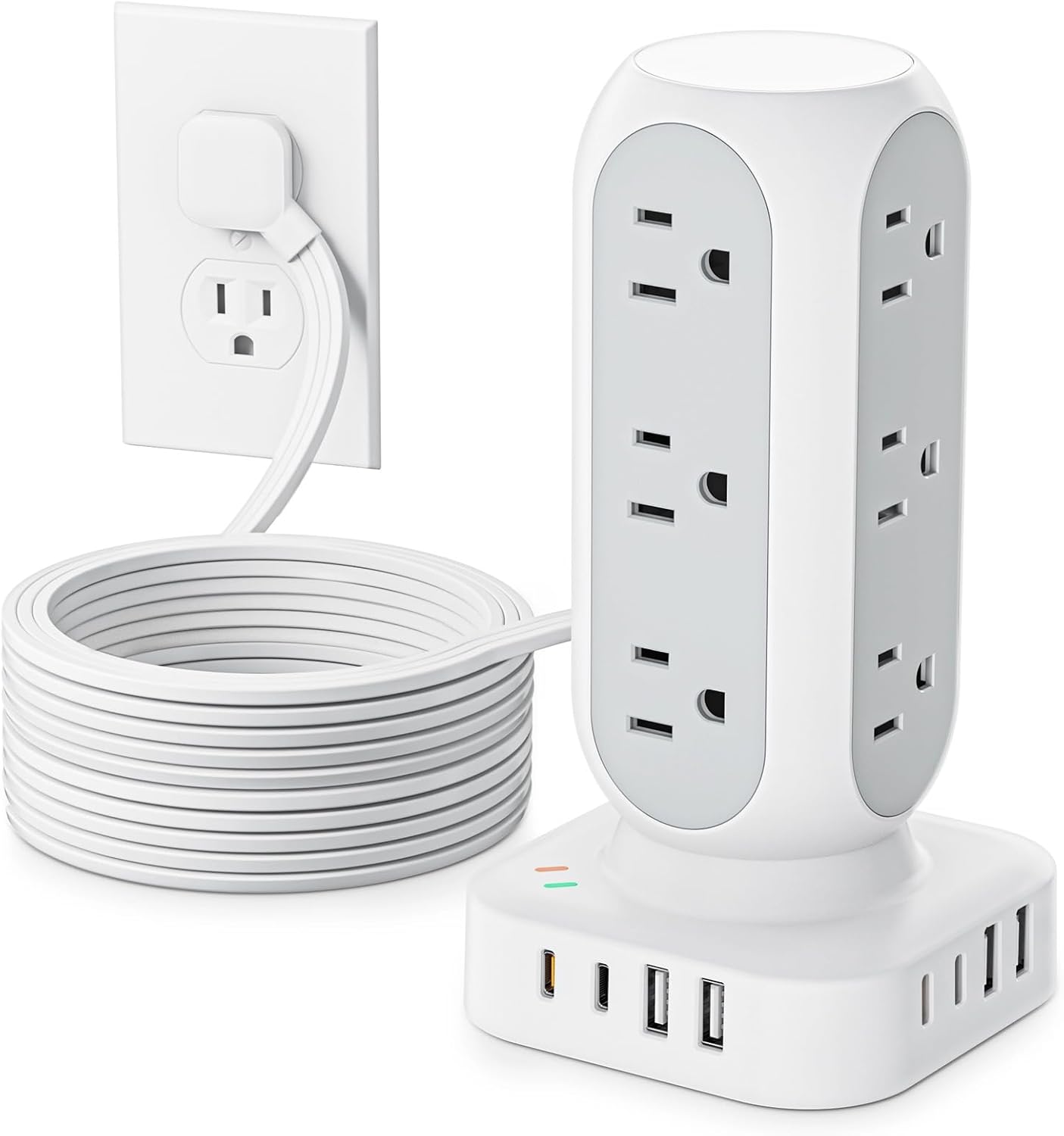 Flat Plug Power Strip Tower with 10FT Cord for Fast Charging