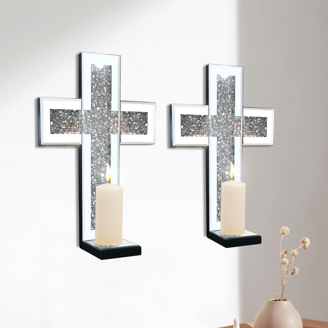 Crystal Crush Diamond Mirrored Candle Sconces for Elegant Decor