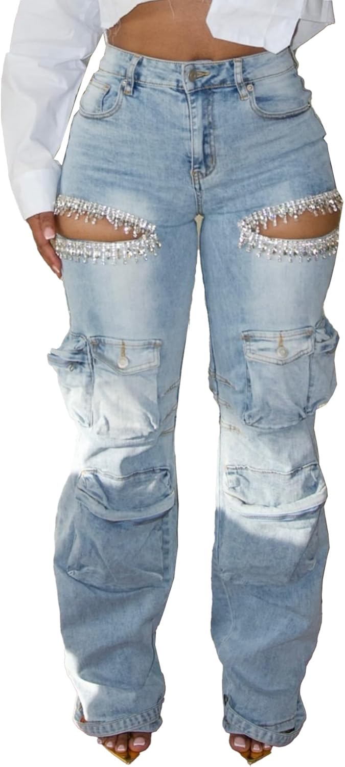 Unybwonn Women Rhinestone Cargo Jeans for Trendy Style