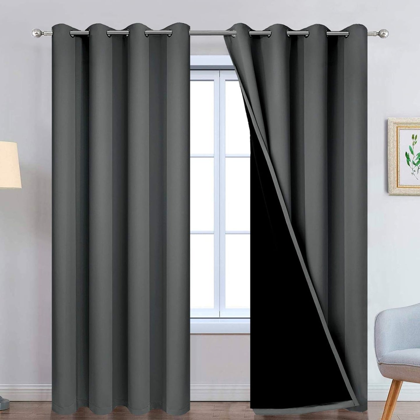 Yakamok Dark Grey Full Shade Curtain Panels for Room Darkening