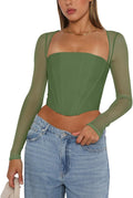 REORIA Women's Mesh Long Sleeve Boned Corset Top - Flattering Y2K tops