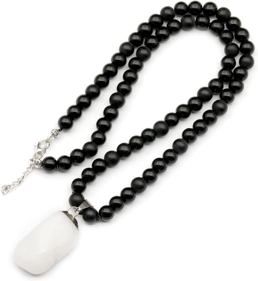 Natural Raw Tourmaline Pendant and Black Onyx Beaded Necklace