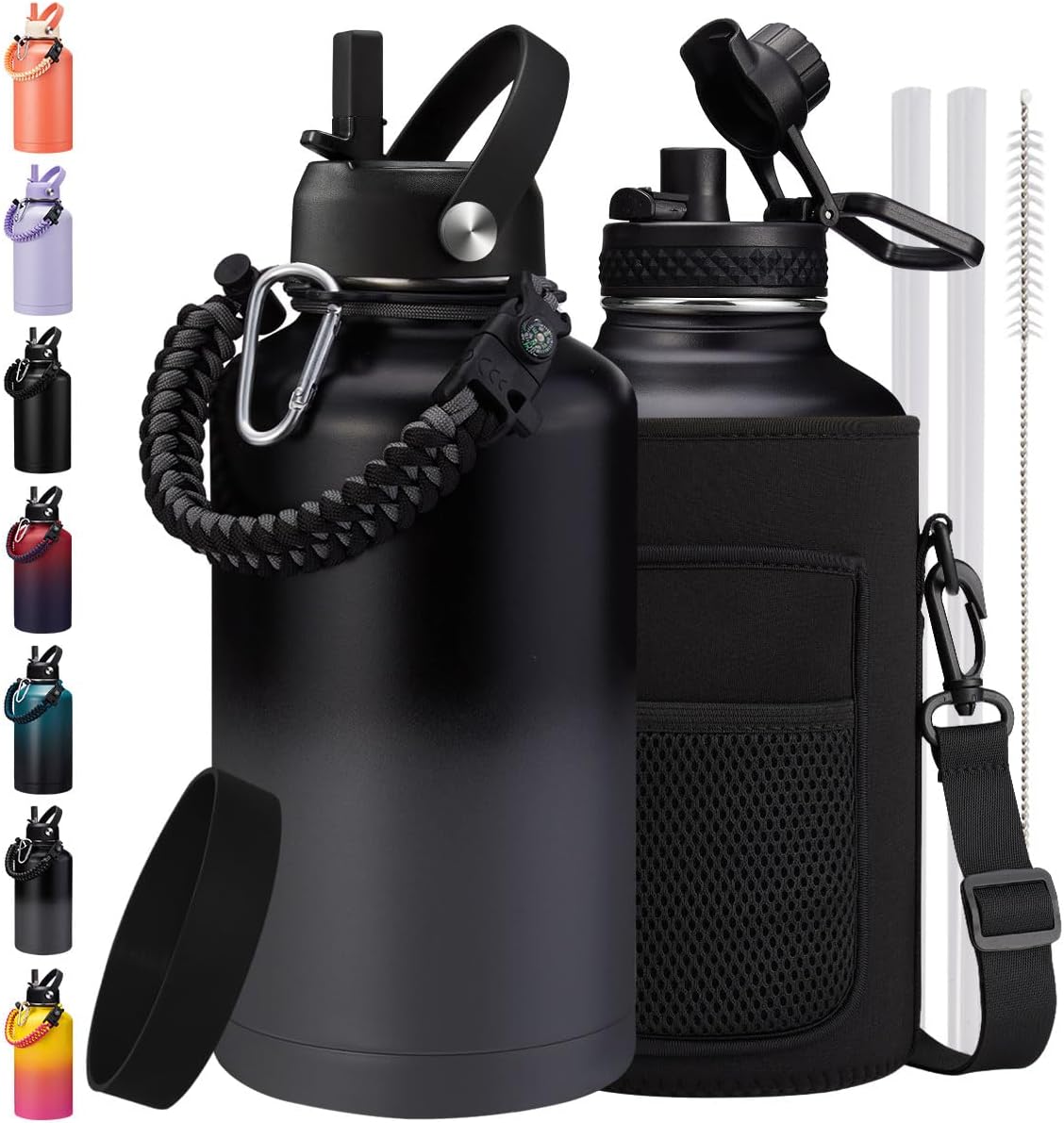 64oz Insulated Water Bottle with Straw Lid and Paracord Handle