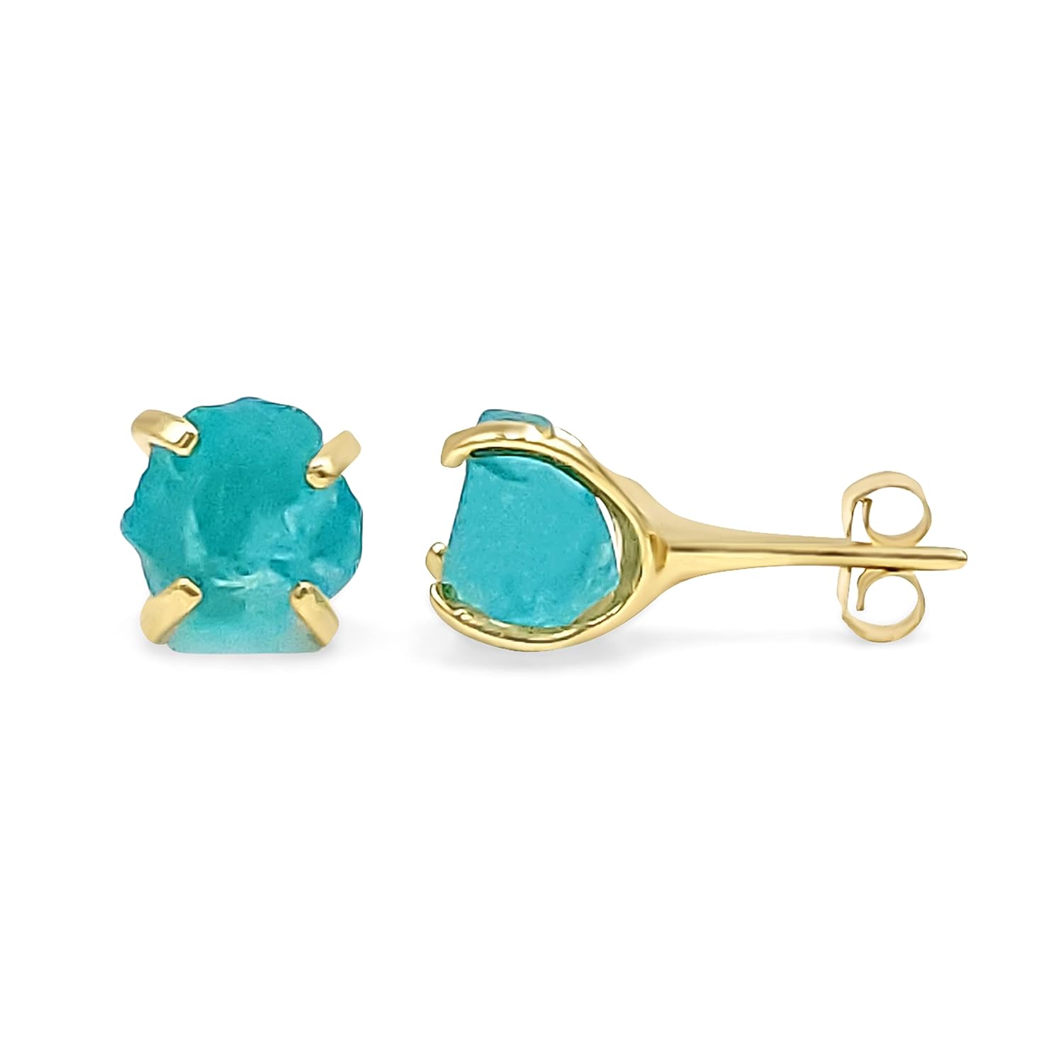 Natural Raw Apatite Stud Earrings in Yellow Gold Over Silver
