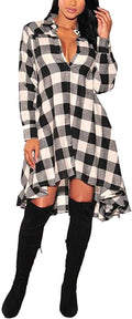 olrain Plaids V Neck Long Sleeve Irregular Hem Shirt