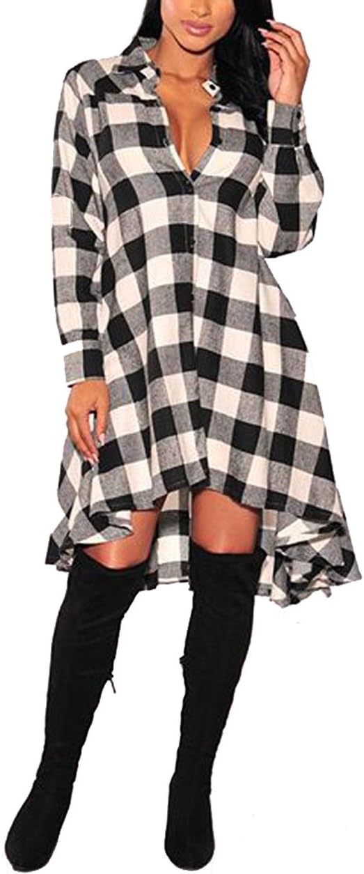 Olrain Womens Plaids V Neck Long Sleeve Casual Shirt Dress