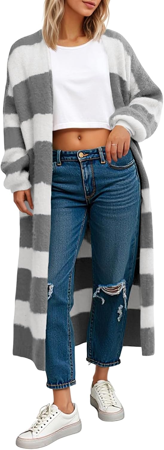 Saodimallsu Womens Striped Long Cardigan Sweater for Fall