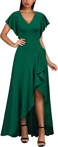 Women's V Neck Ruffle Split Evening Party Long Dress - Elegant Maxi