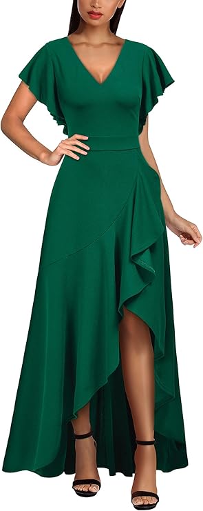 Miusol Women's Formal V Neck Ruffle Split Evening Party Dress