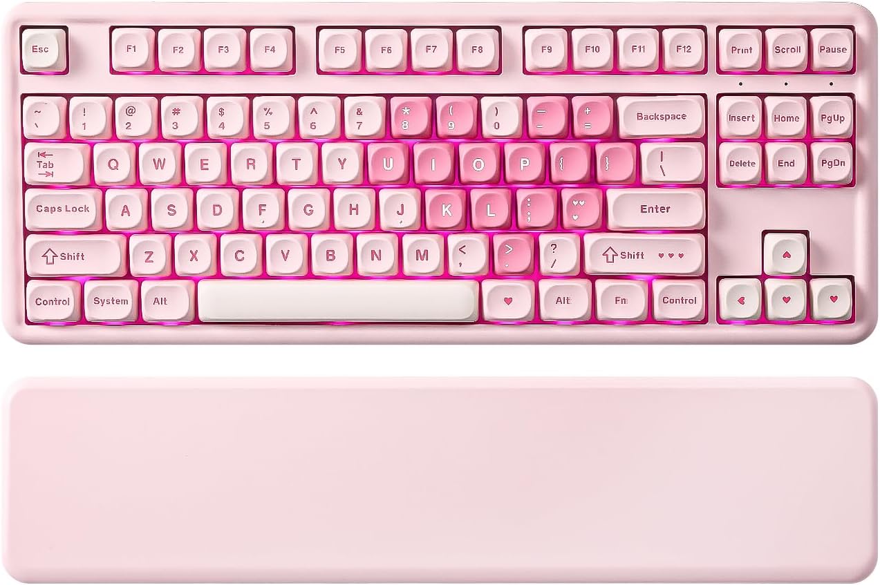 YUNZII B87 Wireless Mechanical Keyboard: Customizable, RGB Backlit, Hot Swap, Ergonomic Wrist Rest (Pink)