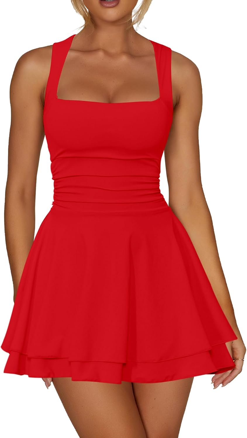 Kaximil Women's Square Neck Ruffle Hem Mini Dress for Parties