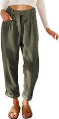 Corduroy Straight Leg Pants for Women - Elastic Waist with Pockets