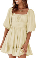 Dokotoo Womens Square Neck Tie Back Lantern Sleeve Mini Dress