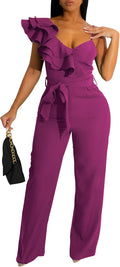 kaimimei Womens Casual V-Neck Ruffle Backless Belted Jumpsuit - Party