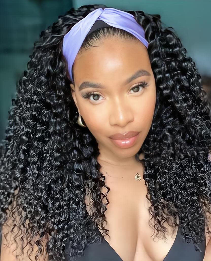 Human Hair Wig Deep Wave 16 Inch Headband Wig for Women