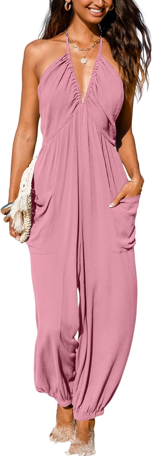 CUPSHE Women's Plunge Halter Sleeveless Pleated Long Romper