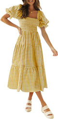Bohemian Summer Plaid Square Neck Puff Sleeve Ruffle Midi Dress Casual