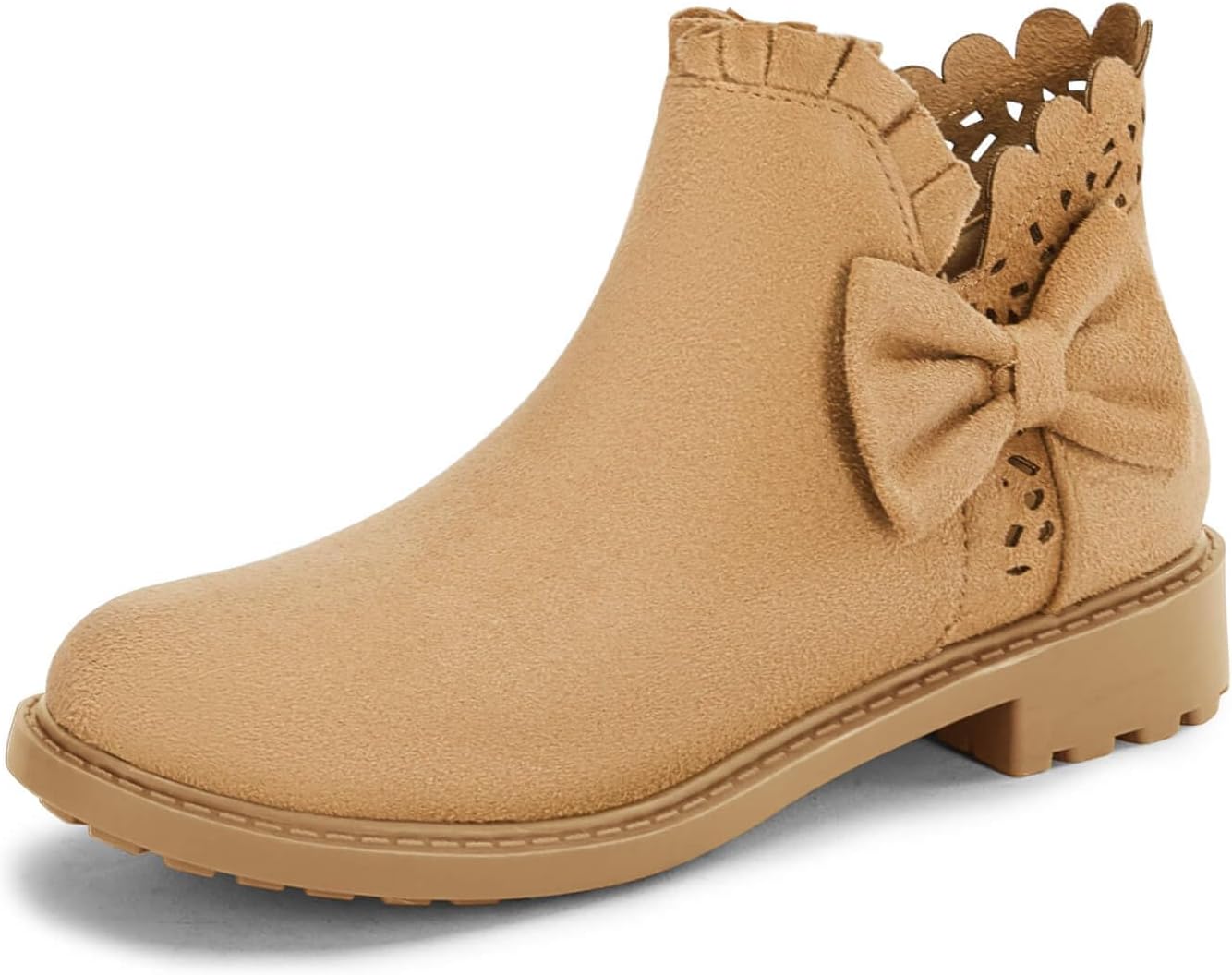 Coutgo Girls Bow Ankle Boots with Ruffled Chunky Heel Design