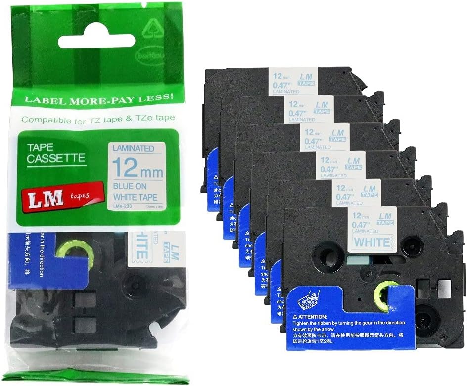 6 Pack of LM Tapes Compatible TZe-233 Blue on White Label Tape