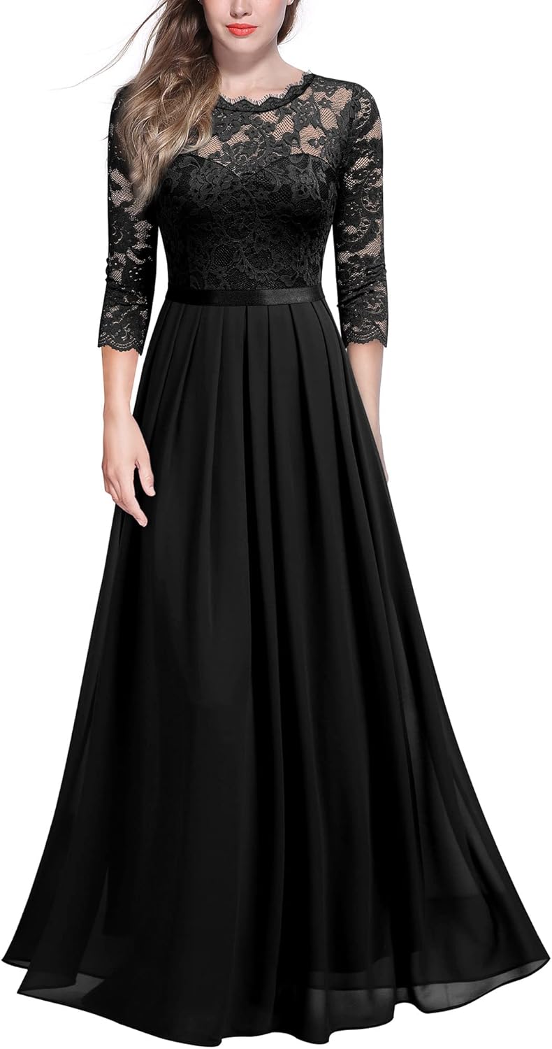 Elegant Floral Lace 3/4 Sleeve Maxi Dress for Bridesmaids