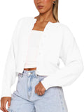 Women Y2K Button Front Crop Sweater Cardigan Solid Color - Cozy Crew
