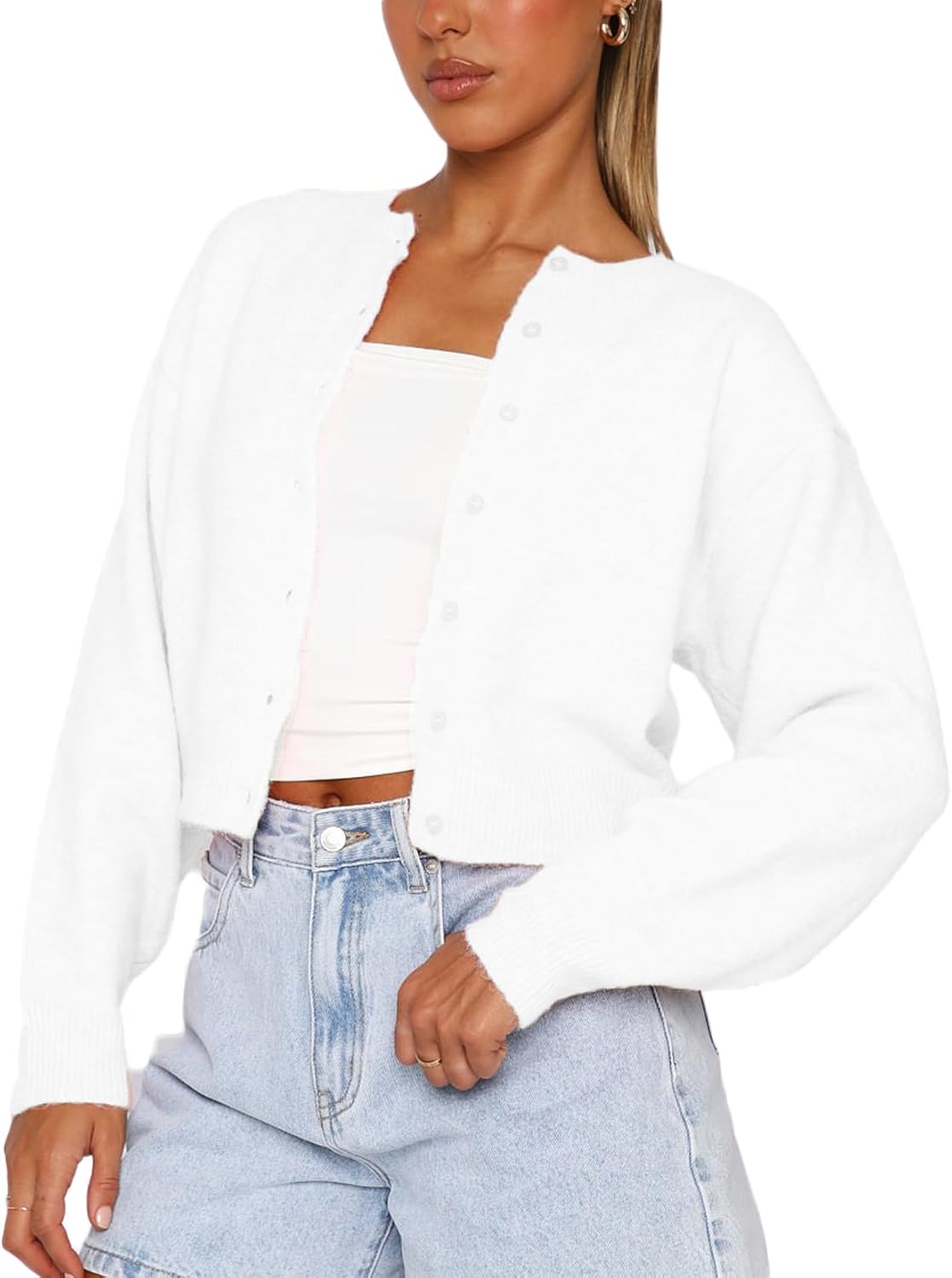 Y2K Button Front Crop Sweater Cardigan for Women in Solid Colors