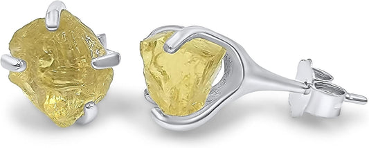 Natural Raw Gemstone Stud Earrings in White Gold Over Silver