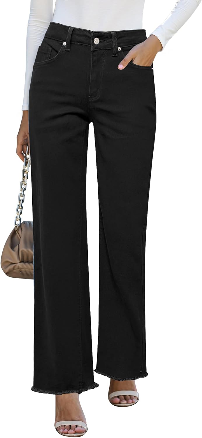 GRAPENT High Waisted Straight Leg Jeans for Women with Frayed Hem