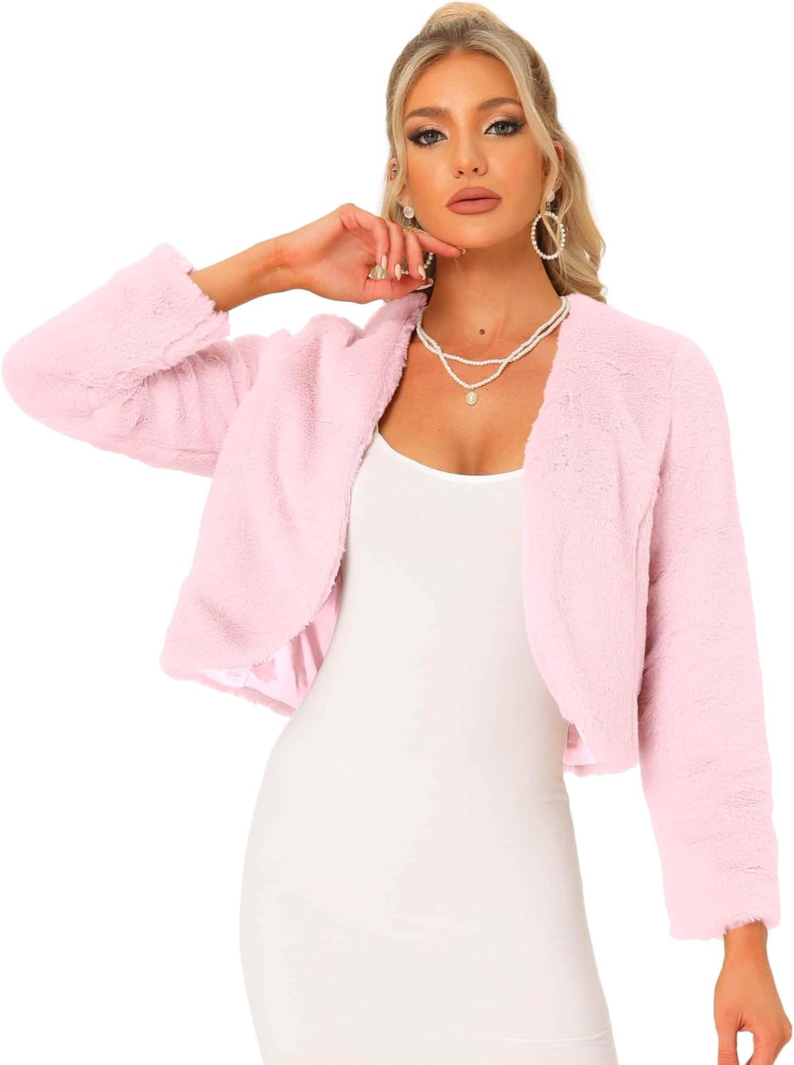 Allegra K Cropped Jacket for Women's Faux Fur with Pockets
