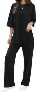 Womens 2 Piece Outfits Short Sleeve Set Wide Leg Pants (Style 752L)